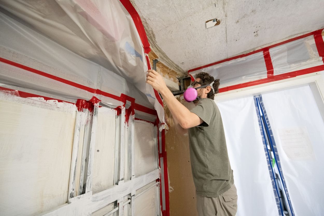 A man in a pink safety vest and mask is actively working on a wall for a mold removal service in Jacksonville, FL.