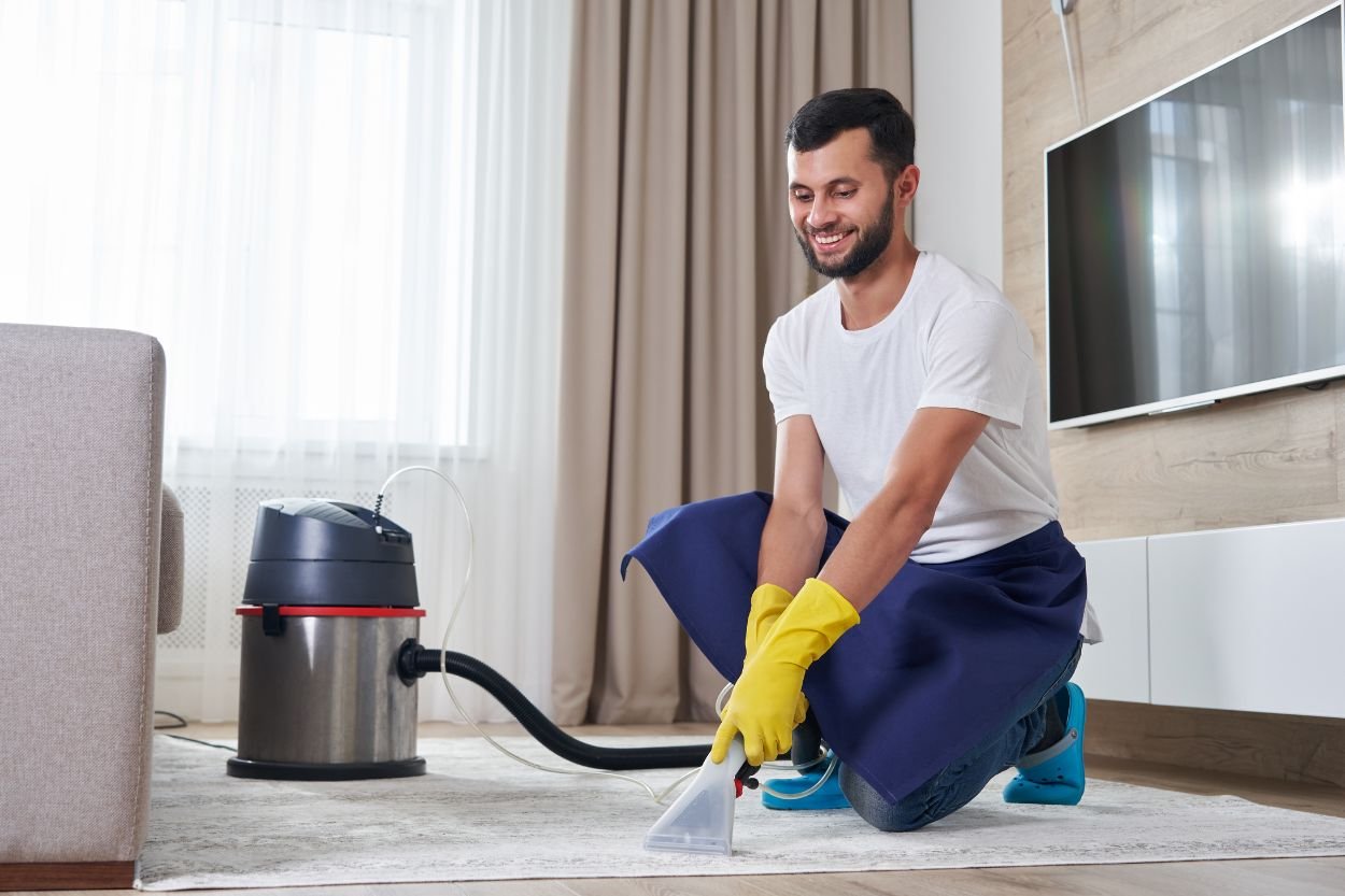 A man dressed in a blue shirt and yellow gloves cleans a room, offering carpet mold removal in Jacksonville, FL.
