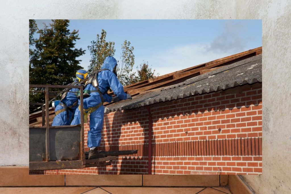 Two men in protective gear are safely working on a roof, focused on their tasks amidst a clear blue sky.